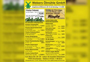 Frischer Feldsalat, Schweinefilet und Schwertfisch: Angebote der Webers &Ouml;lm&uuml;hle bis 7. November