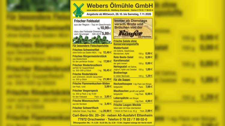 Frischer Feldsalat, Schweinefilet und Schwertfisch: Angebote der Webers &Ouml;lm&uuml;hle bis 7. November