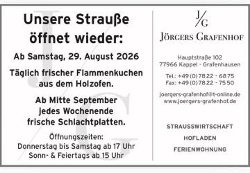 Der Holzofen brennt wieder: Strau&szlig;wirtschaft in Kappel-Grafenhausen startet